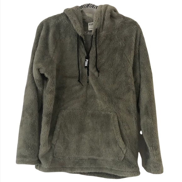 PINK Victoria's Secret Tops - NWOT PINK Olive Green Faux Fur Quarter Zip Pullover Sweatshirt Coat